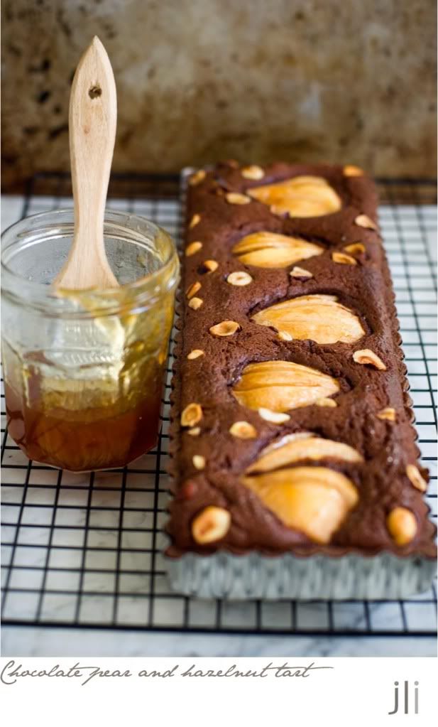 chocolate pear and hazelnut tart