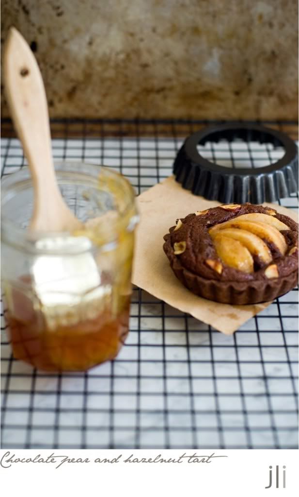 chocolate pear and hazelnut tart