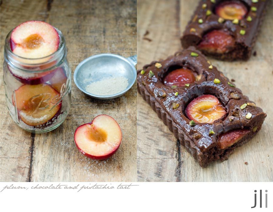 plum chocolate and pistachio tart
