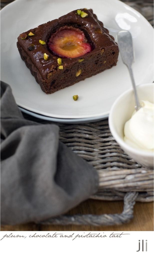 plum chocolate and pistachio tart