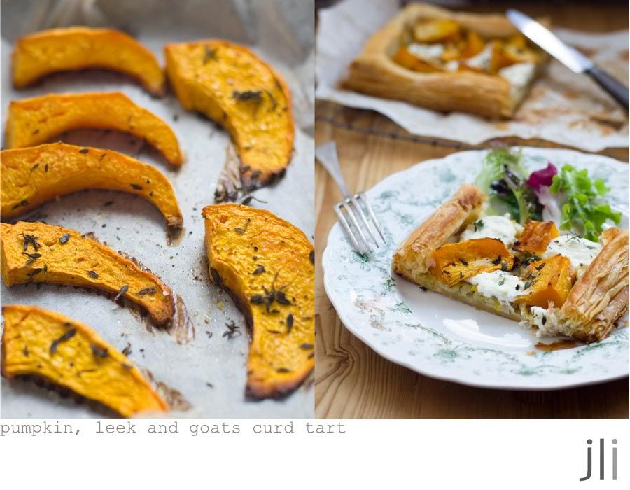 pumpkin, leek and goats curd tart