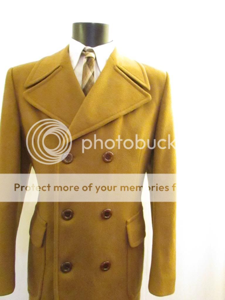 Mens Vtg Retro 1970s Camel Brown Wool Tweed Trench Over Pea Coat Jacket Small 38